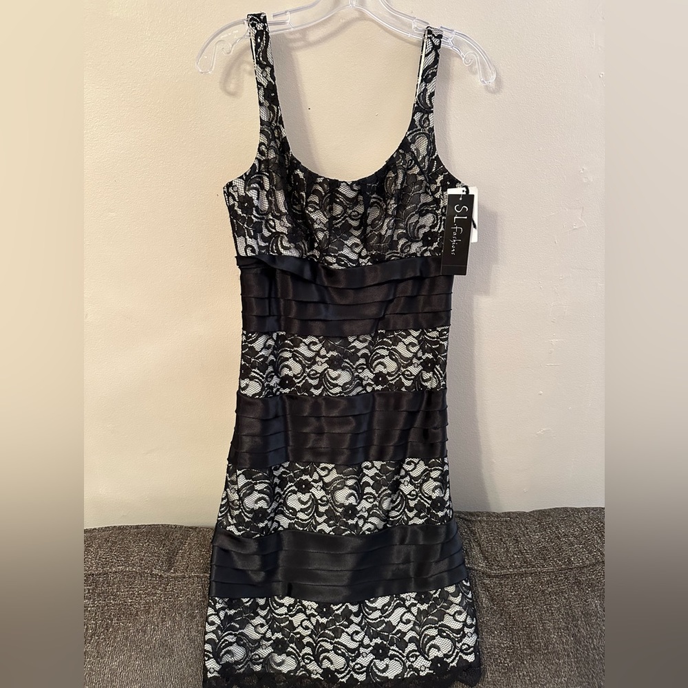 SL Fashions NWT Black Lace and Ivory Satin Dress, 8